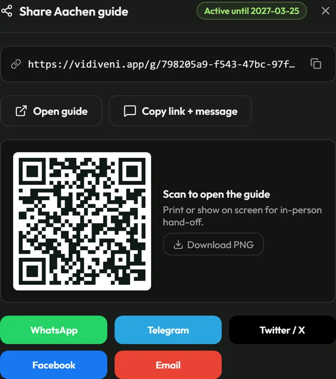 Het deelscherm van een levende gids: de privélink op vidiveni.app met een kopieerknop, Open de gids en Kopieer link met bericht, een QR-code om te scannen, een knop om een PNG te downloaden, en WhatsApp, Telegram, Twitter, Facebook en e-mail.